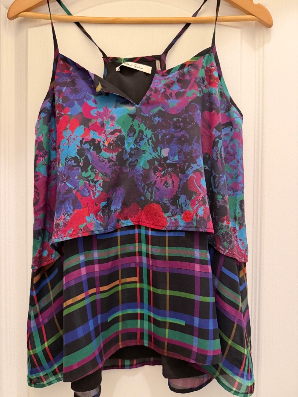 Robert Graham Sarah Silk Floral & Plaid Tiered Tank Top - XS